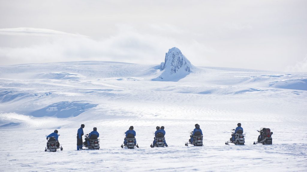 Snowmobiling on Vatnajökull glacier in Iceland