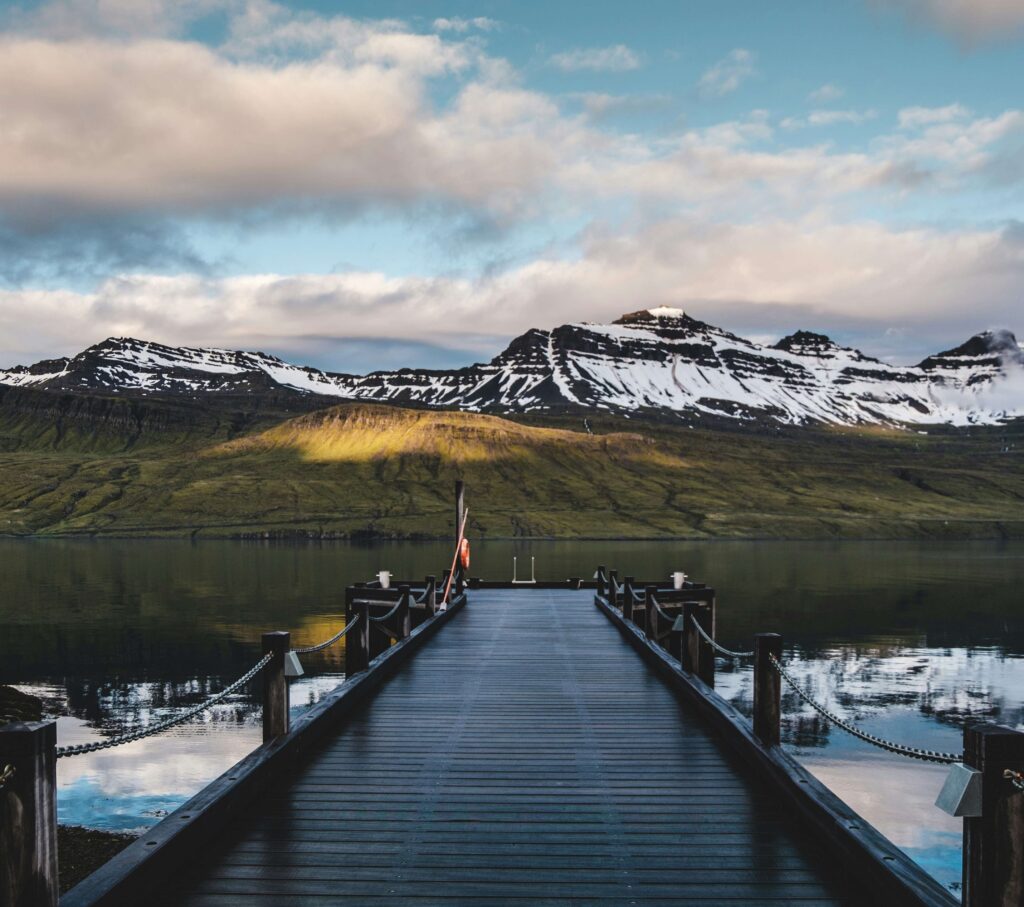 A scenic pier in east iceland overlooking a beautiful fjord